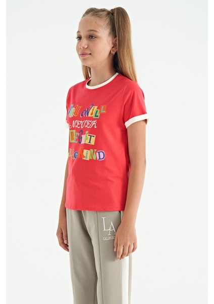 Rose Renkli Yazı Detaylı O Yaka Rahat Form Kız Çocuk T-Shirt - 75109