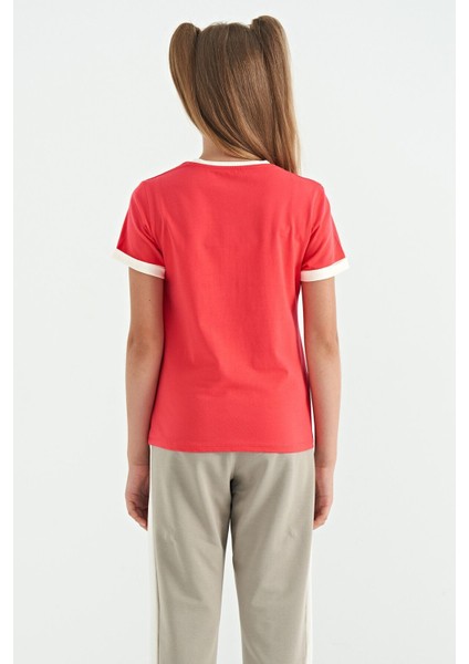 Rose Renkli Yazı Detaylı O Yaka Rahat Form Kız Çocuk T-Shirt - 75109