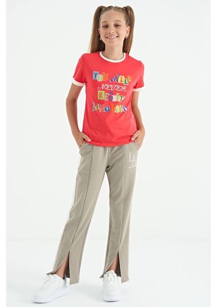 Rose Renkli Yazı Detaylı O Yaka Rahat Form Kız Çocuk T-Shirt - 75109