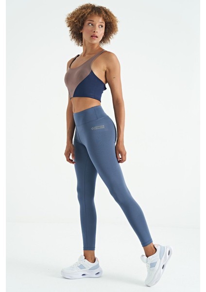 Petrol Logo Baskı Detaylı Yüksek Bel Dalgıç Kumaş Slim Fit Kadın Tayt - 94627