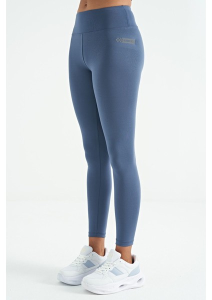 Petrol Logo Baskı Detaylı Yüksek Bel Dalgıç Kumaş Slim Fit Kadın Tayt - 94627 modelleri