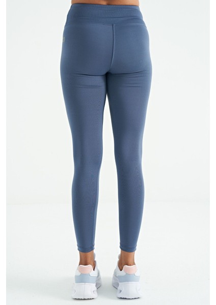 Petrol Logo Baskı Detaylı Yüksek Bel Dalgıç Kumaş Slim Fit Kadın Tayt - 94627