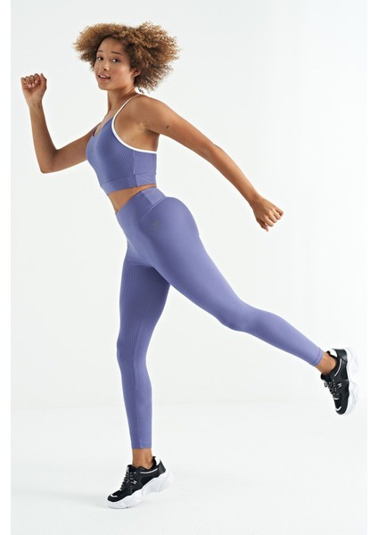 Eflatun Logo Baskılı Yüksek Bel Slim Fit Fitilli Kadın Tayt - 94642