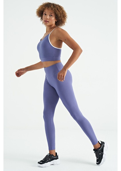 Eflatun Logo Baskılı Yüksek Bel Slim Fit Fitilli Kadın Tayt - 94642