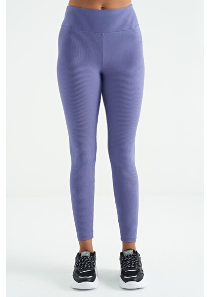 Eflatun Logo Baskılı Yüksek Bel Slim Fit Fitilli Kadın Tayt - 94642