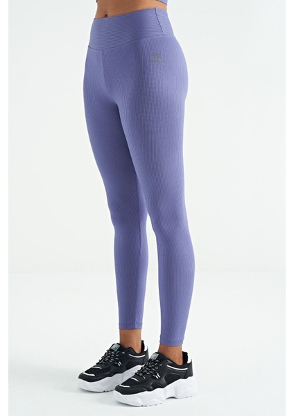Eflatun Logo Baskılı Yüksek Bel Slim Fit Fitilli Kadın Tayt - 94642