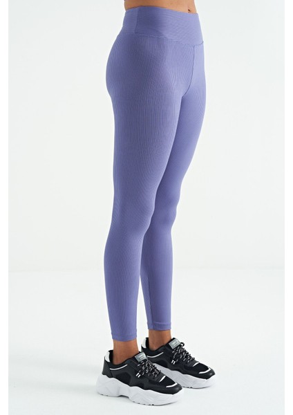 Eflatun Logo Baskılı Yüksek Bel Slim Fit Fitilli Kadın Tayt - 94642