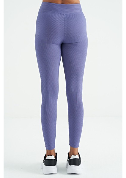 Eflatun Logo Baskılı Yüksek Bel Slim Fit Fitilli Kadın Tayt - 94642
