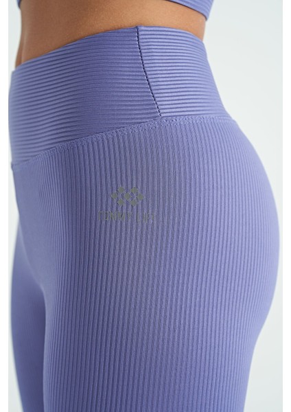 Eflatun Logo Baskılı Yüksek Bel Slim Fit Fitilli Kadın Tayt - 94642