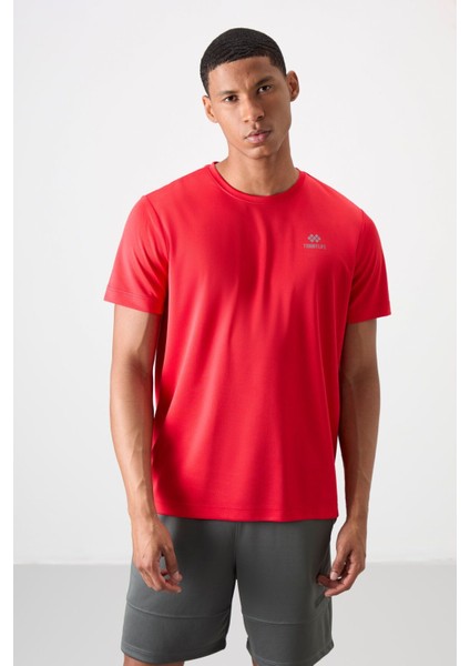 Kırmızı O Yaka Standart Kalıp Logo Desenli Aktif Spor Erkek T-Shirt - 88255