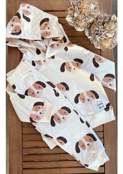 Babyaden Kapüşonlu Köpek Baskılı Cepli Şardonsuz Mevsimlik Pamuklu Erkek Çocuk Eşofman Takım