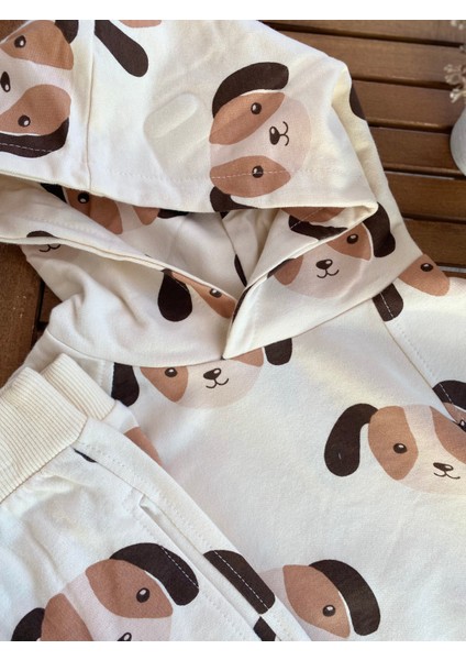 Babyaden Kapüşonlu Köpek Baskılı Cepli Şardonsuz Mevsimlik Pamuklu Erkek Çocuk Eşofman Takım modelleri