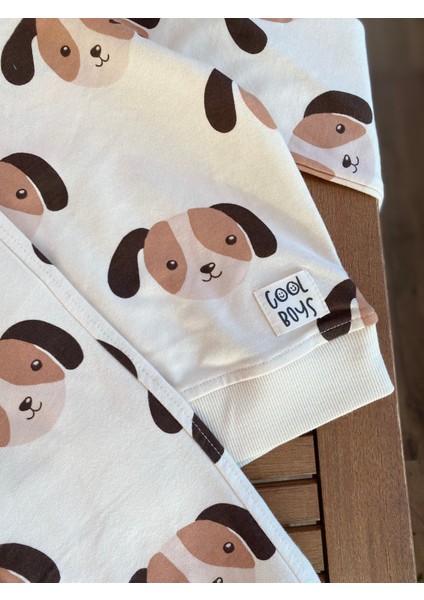 Babyaden Kapüşonlu Köpek Baskılı Cepli Şardonsuz Mevsimlik Pamuklu Erkek Çocuk Eşofman Takım indirimleri