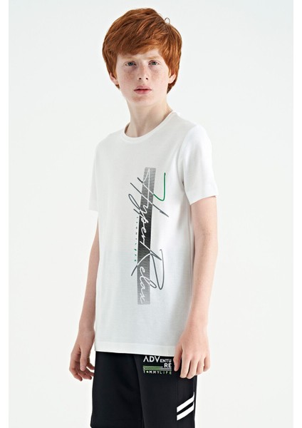 Beyaz Yazı Baskılı O Yaka Standart Kalıp Erkek Çocuk T-Shirt - 11119 modelleri