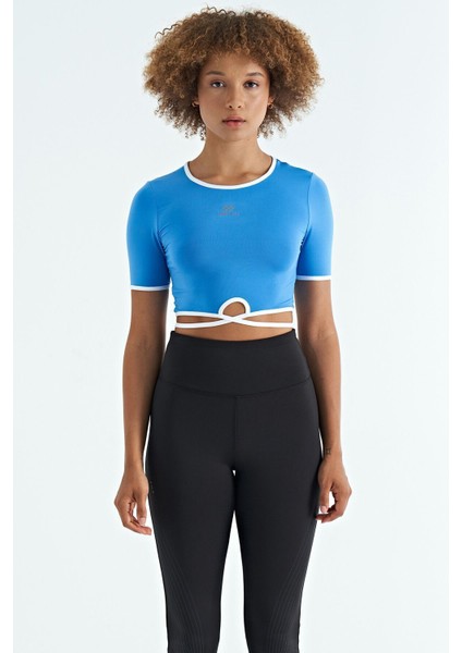 Saks Bel Bağlama Detaylı O Yaka Standart Kalıp Dalgıç Kumaş Kadın Crop T-Shirt - 97266