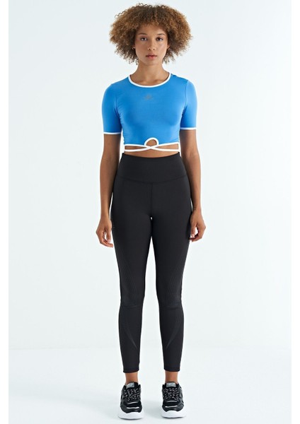Saks Bel Bağlama Detaylı O Yaka Standart Kalıp Dalgıç Kumaş Kadın Crop T-Shirt - 97266