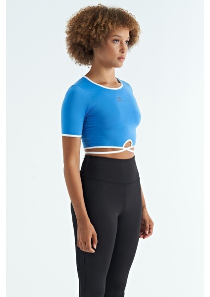 Saks Bel Bağlama Detaylı O Yaka Standart Kalıp Dalgıç Kumaş Kadın Crop T-Shirt - 97266