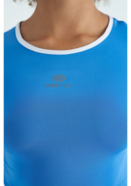 Saks Bel Bağlama Detaylı O Yaka Standart Kalıp Dalgıç Kumaş Kadın Crop T-Shirt - 97266