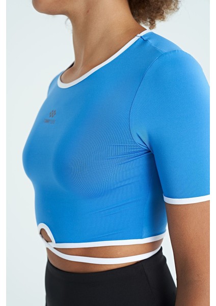 Saks Bel Bağlama Detaylı O Yaka Standart Kalıp Dalgıç Kumaş Kadın Crop T-Shirt - 97266