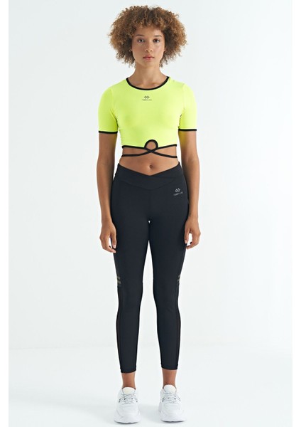 Neon Sarı Bel Bağlama Detaylı O Yaka Standart Kalıp Dalgıç Kumaş Kadın Crop T-Shirt - 97266