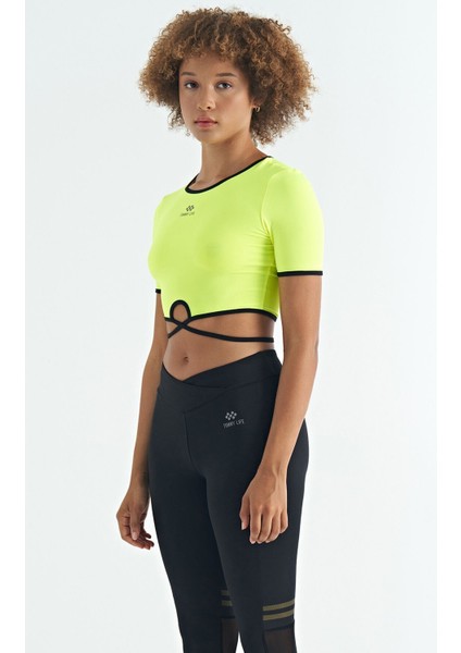 Neon Sarı Bel Bağlama Detaylı O Yaka Standart Kalıp Dalgıç Kumaş Kadın Crop T-Shirt - 97266