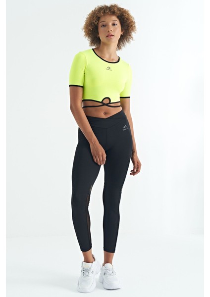 Neon Sarı Bel Bağlama Detaylı O Yaka Standart Kalıp Dalgıç Kumaş Kadın Crop T-Shirt - 97266