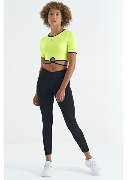 Neon Sarı Bel Bağlama Detaylı O Yaka Standart Kalıp Dalgıç Kumaş Kadın Crop T-Shirt - 97266