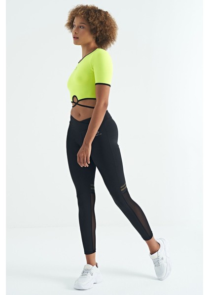 Neon Sarı Bel Bağlama Detaylı O Yaka Standart Kalıp Dalgıç Kumaş Kadın Crop T-Shirt - 97266