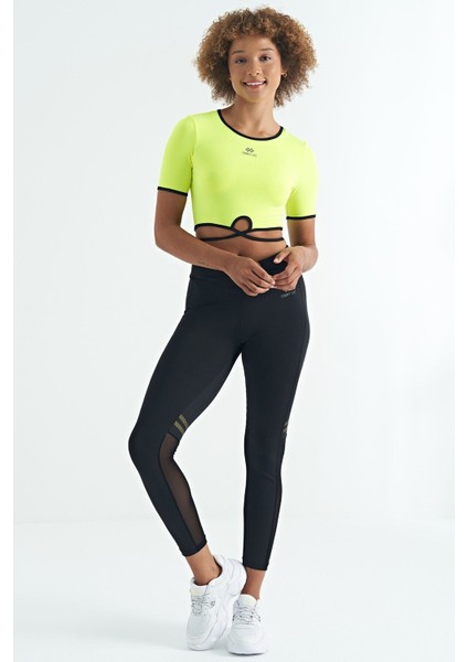 Neon Sarı Bel Bağlama Detaylı O Yaka Standart Kalıp Dalgıç Kumaş Kadın Crop T-Shirt - 97266