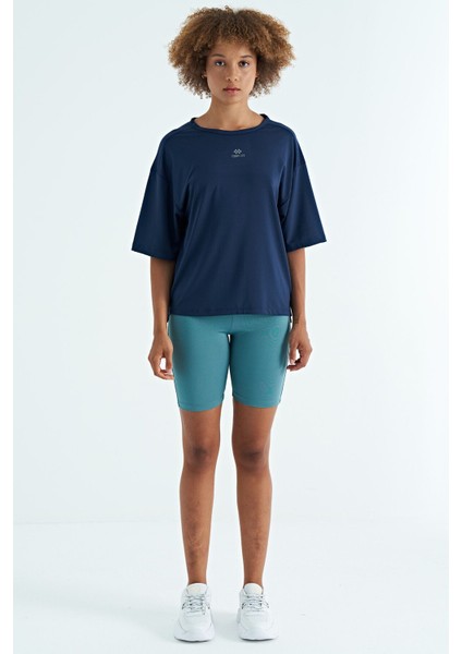 İndigo O Yaka Baskı Detaylı Oversize Kısa Kol Kadın T-Shirt - 97263