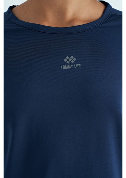 İndigo O Yaka Baskı Detaylı Oversize Kısa Kol Kadın T-Shirt - 97263