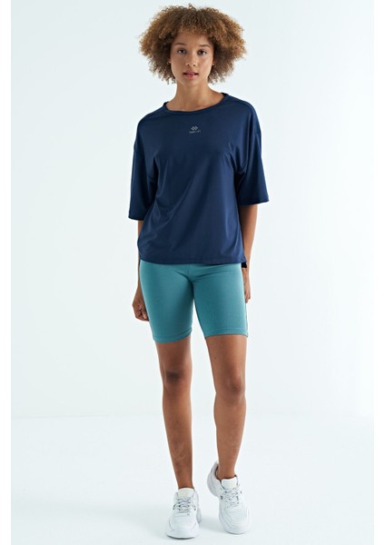 İndigo O Yaka Baskı Detaylı Oversize Kısa Kol Kadın T-Shirt - 97263