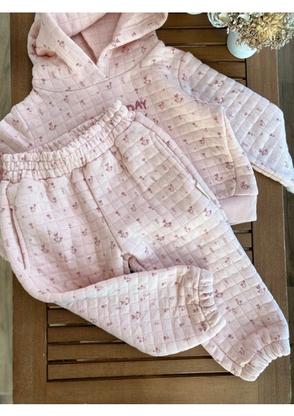 Babyaden Kapitoneli Kapüşonlu Nakış Yazılı Cepli Pembe Mevsimlik Pamuklu Kız Çocuk Eşofman Takım