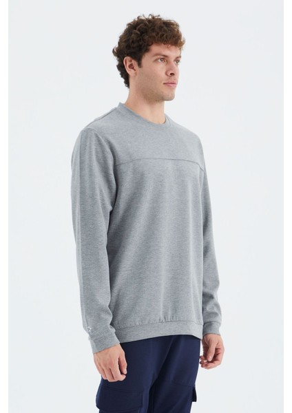 Tommy Life Gri Melanj O Yaka Ön Dikiş Detaylı Basic Rahat Kalıp Erkek Sweatshirt - 88270