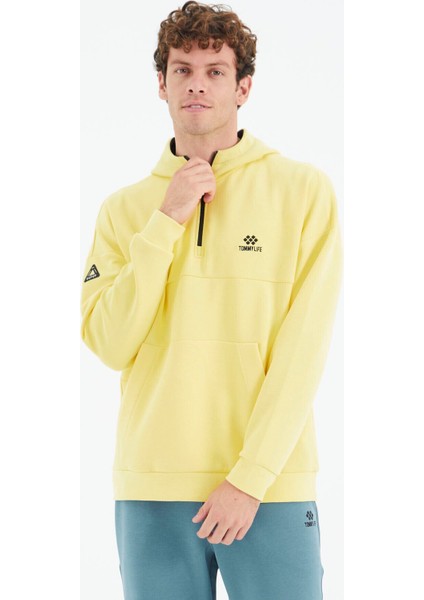 Tommy Life Sarı Kapüşonlu Yarım Fermuarlı Cep Detaylı Rahat Kalıp Erkek Sweatshirt - 88294