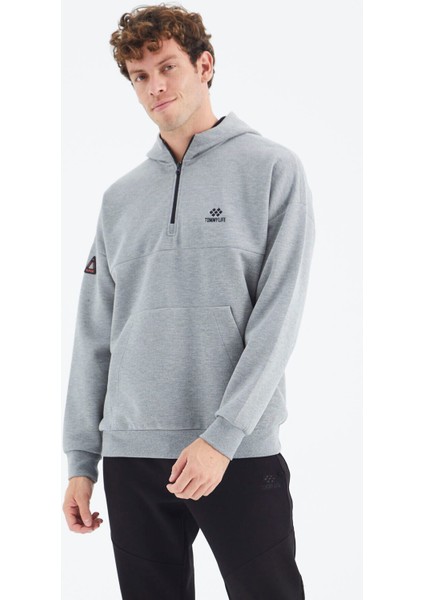 Tommy Life Gri Melanj Kapüşonlu Yarım Fermuarlı Cep Detaylı Rahat Kalıp Erkek Sweatshirt - 88294