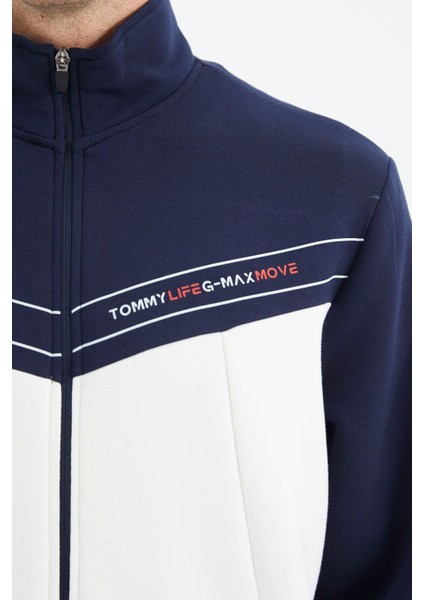 Tommy Life Ekru Dik Yaka Renk Bloklu Gizli Cep Detaylı Rahat Kalıp Erkek Sweatshirt - 88290