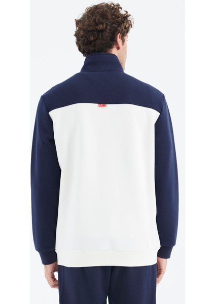 Tommy Life Ekru Dik Yaka Renk Bloklu Gizli Cep Detaylı Rahat Kalıp Erkek Sweatshirt - 88290