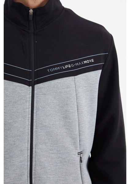 Tommy Life Gri Melanj Dik Yaka Renk Bloklu Gizli Cep Detaylı Rahat Kalıp Erkek Sweatshirt - 88290