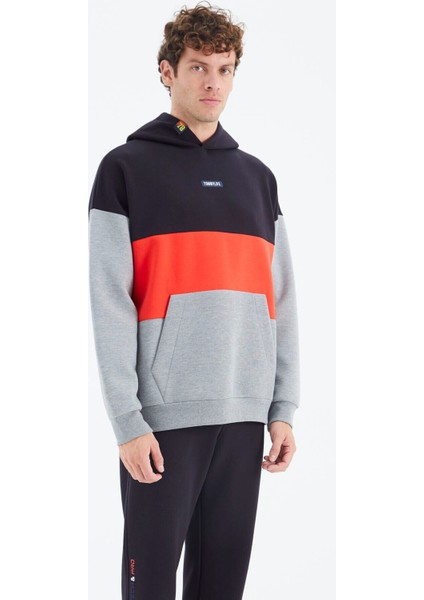 Tommy Life Gri Melanj Kapüşonlu Renk Bloklu Rahat Kalıp Erkek Sweatshirt - 88295