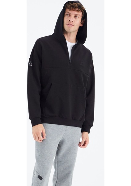 Tommy Life Siyah Kapüşonlu Yarım Fermuarlı Cep Detaylı Rahat Kalıp Erkek Sweatshirt - 88294