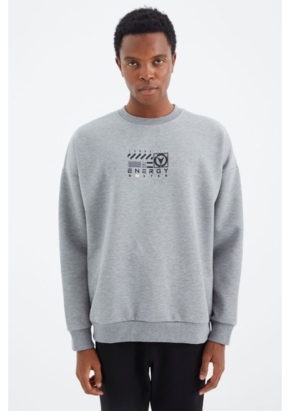 Gri Melanj O Yaka Baskı Detaylı Rahat Kalıp Erkek Sweatshirt - 88284
