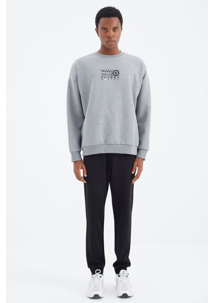 Gri Melanj O Yaka Baskı Detaylı Rahat Kalıp Erkek Sweatshirt - 88284