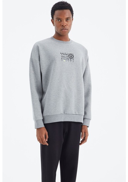 Gri Melanj O Yaka Baskı Detaylı Rahat Kalıp Erkek Sweatshirt - 88284