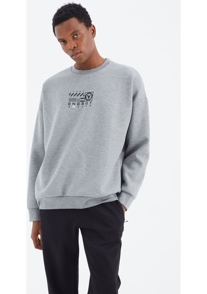 Gri Melanj O Yaka Baskı Detaylı Rahat Kalıp Erkek Sweatshirt - 88284