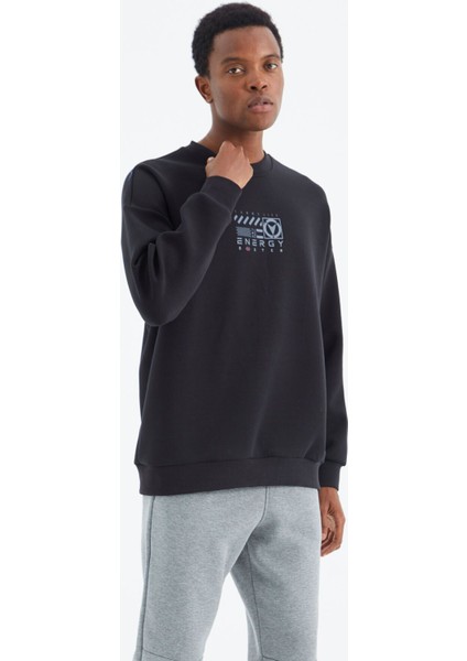 Lacivert O Yaka Baskı Detaylı Rahat Kalıp Erkek Sweatshirt - 88284