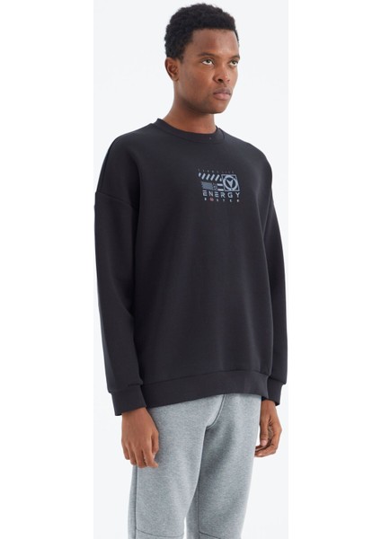 Lacivert O Yaka Baskı Detaylı Rahat Kalıp Erkek Sweatshirt - 88284