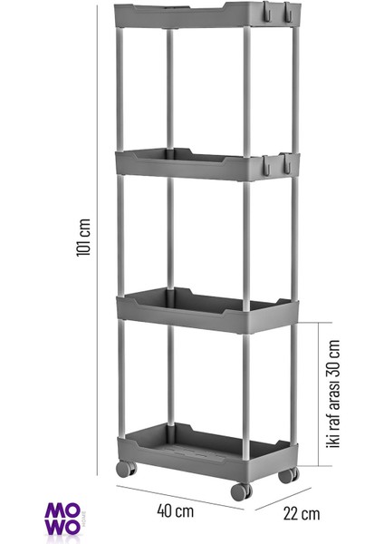 Mowo 4 Katlı Tekerlekli Mutfak Rafı, Banyo Rafı, Kitaplık, Düzenleyici Açık Dolap