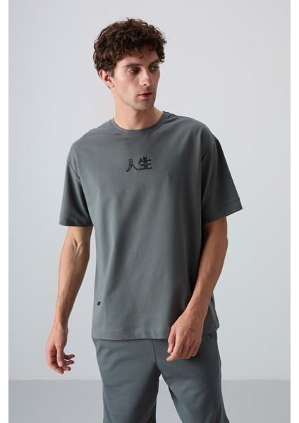 Haki Pamuklu Kalın Yumuşak Dokulu Oversize Fit Baskılı Erkek T-Shirt - 88342