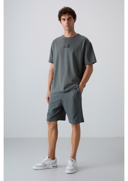 Haki Pamuklu Kalın Yumuşak Dokulu Oversize Fit Baskılı Erkek T-Shirt - 88342